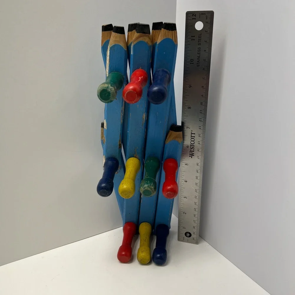 Vintage Pencil Accordion Wall Rack Kids Nursery Blue Wooden Folding Peg Rail